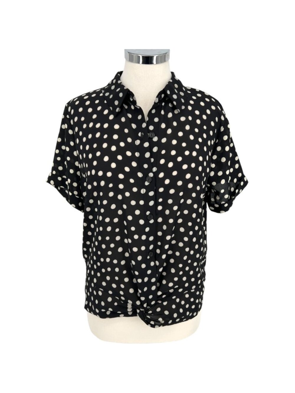 W5 Polka Dot Button-Up Twist Hem Blouse Short Sleeve Black White Size Medium NWT